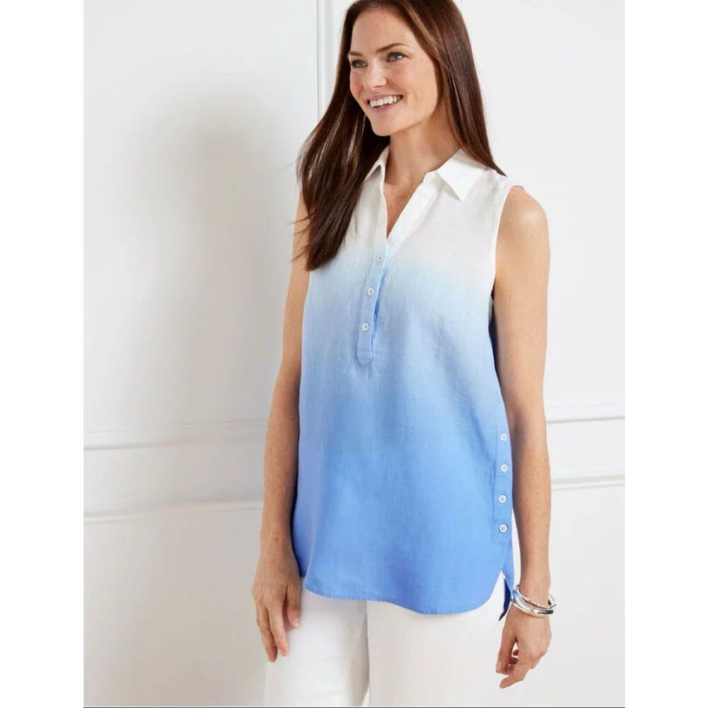 Talbots 100% linen dip tye popover sleeveless blouse